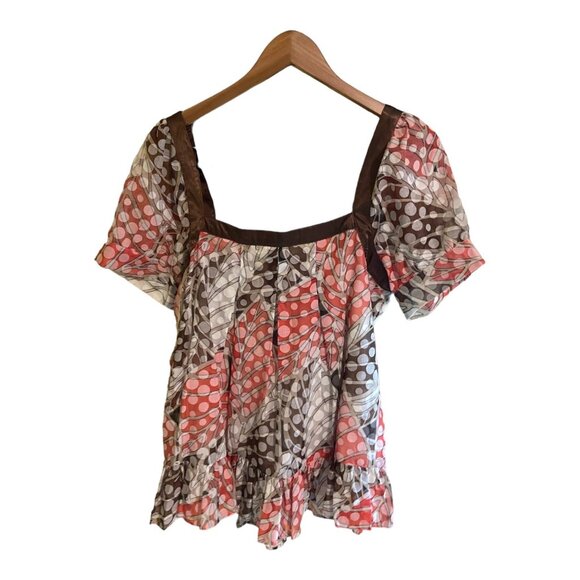 Cloze Chenault Boho Babydoll Blouse L Brown Red Sheer Geometric Whimsical Indie - Picture 3 of 6